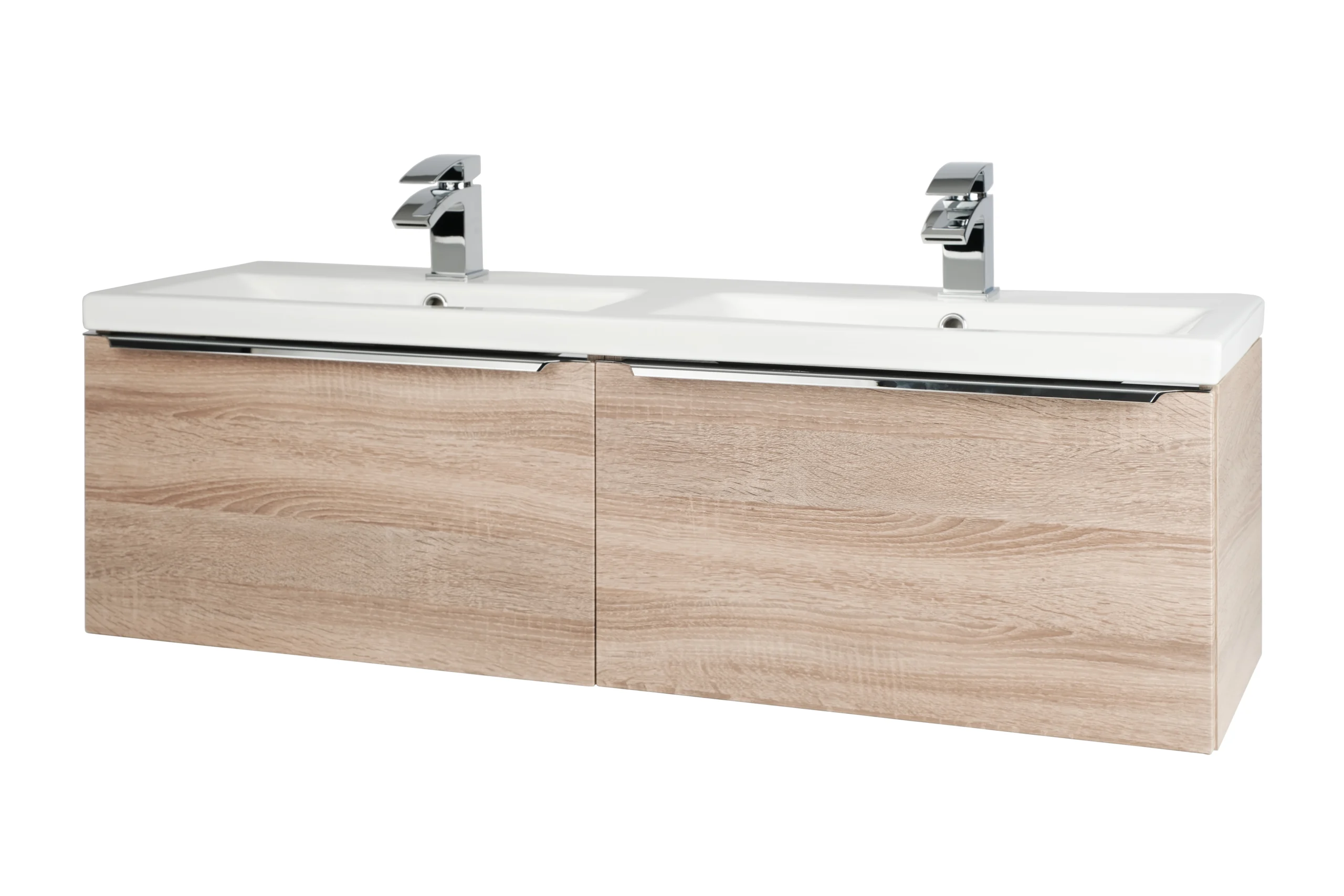 NEW-KOR1200BASIN-KOR600WM-O.webp Kore 1200mm Wall Mounted Drawer Unit & Twin Ceramic Basin - Sonoma Oak - Image 1